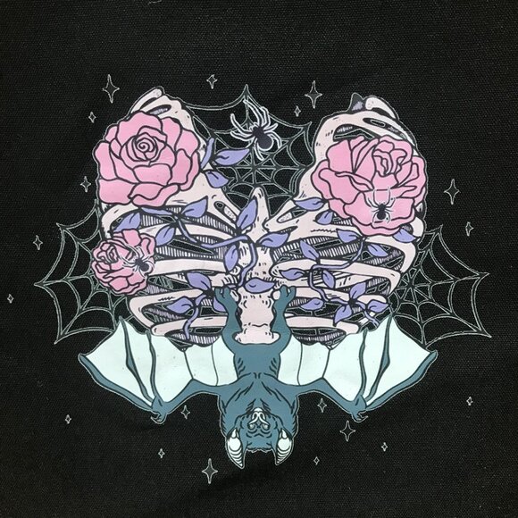 Gothic Lolita EGL Punk Pink & Black Rib Cage Roses & Bat Skelton Black Tote Bag - Picture 2 of 6